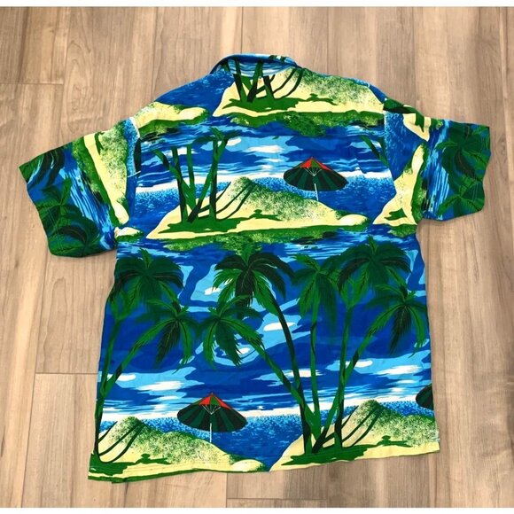 THUMBS UP FOR HIM Blue Aloha Hawaiian Shirt Palm Trees Beach Island L - Picture 2 of 9